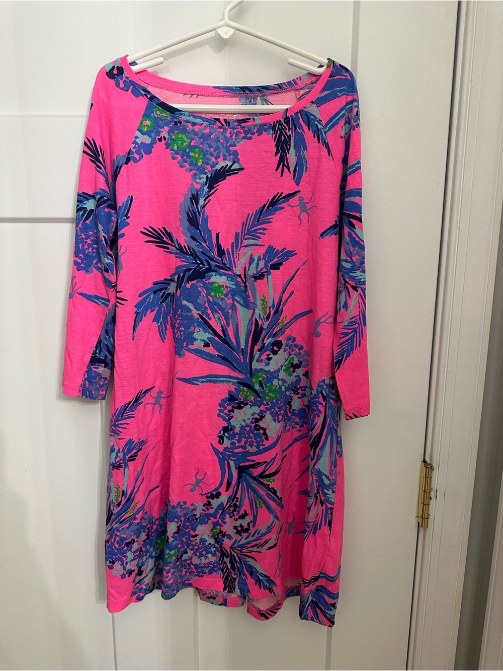 Lilly Pulitzer Hot Pink Tropical Shift Dress with Blue Print